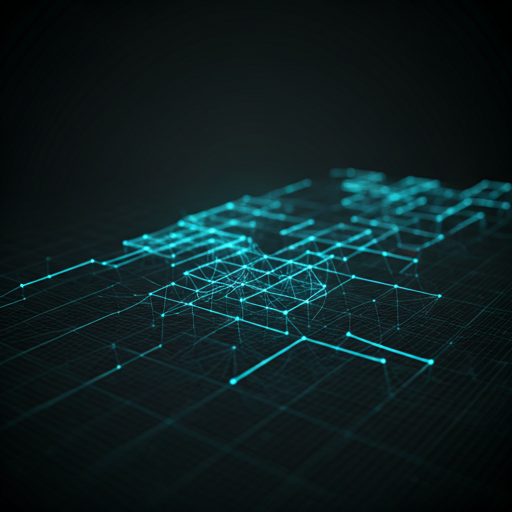 Technical visualization of glowing data nodes connected across a dark engineering interface.